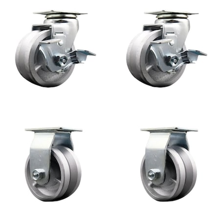 Service Caster 4'' V-Groove Semi Steel Caster Set with Bronze Bearings 2 Brakes 2 Rigid, 4PK SCC-20S420-VGBZ-TLB-2-R-2